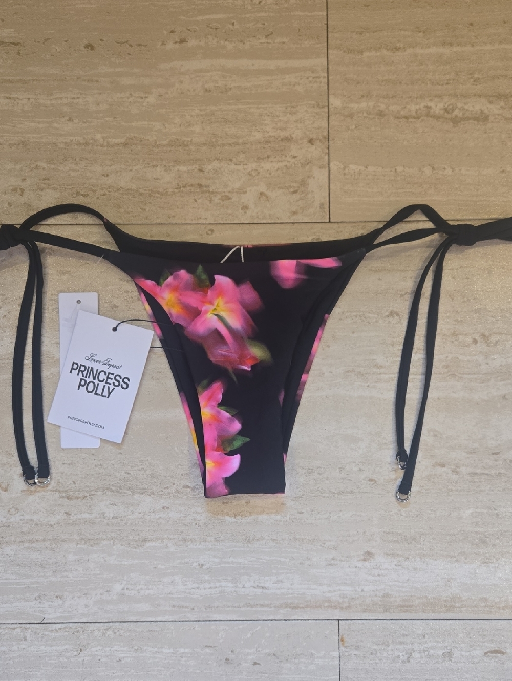 New Princess Polly Black/Pink Fluera High Side Tie Bikini Cheeky Bottoms